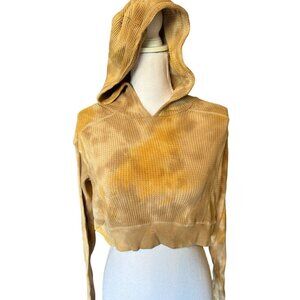 Wild Fable Women SZ M Waffle Knit Cropped Hoodie Cotton Yellow/Brown Tie-Dye NEW